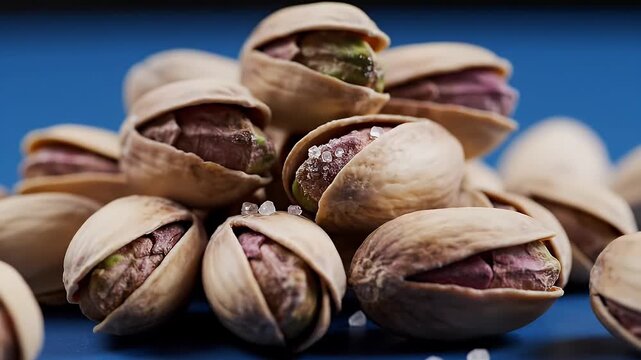 Pile of Salted Pistachios with Open Shells and Green Kernels on a Blue Background