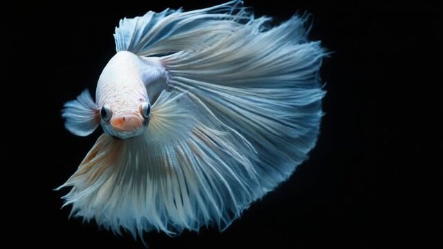 A vibrant Betta fish, showcasing intricate fins in shades of white and blue, against a dark backdrop