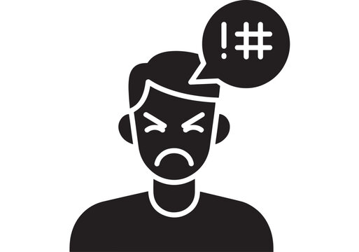 Person angry icon with swearing speech bubble, upset face and frown expression, black silhouette pictogram for rude language, complaint, conflict and frustration concept