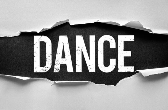 DANCE text in bold distressed font, revealed through a torn paper design. Energetic visual concept for performing arts, celebration, motion, rhythm, music, passion, and expressive movement