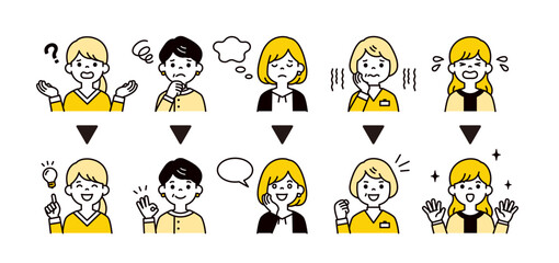 様々な年齢の女性の悩むポーズとトラブル解消した表情・ポーズのベクターイラストアイコンセット