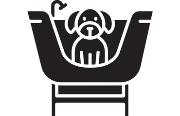 Dog grooming bath icon with pet in bathtub and shower head, minimalist black solid pictogram for veterinary clinic, animal care service, hygiene and washing symbol