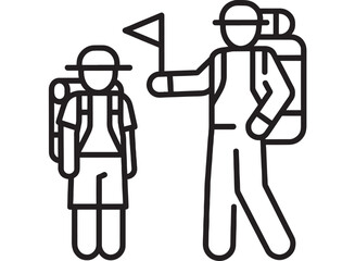 Hikers line icon with backpacks and guide holding flag, trekking tour group pictogram, outdoor adventure travel symbol, simple outline vector for web app UI