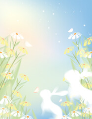 Easter bunny rabbit sitting on spring meadow,blooming daisies fields,soft pastel sky,gradient light sparkles,Vector Easter holiday background symbolizing renewal,joy seasonal celebration