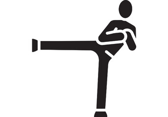 Person martial arts silhouette icon performing high side kick, black pictogram fighter in karate or taekwondo pose, minimal sport symbol isolated on white