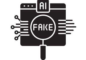 Icon AI fake detection concept with magnifying glass over microchip, circuit lines and bold typography, black and white flat symbol for deepfake verification and security