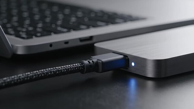 External Hard Drive Connected to Modern Laptop Computer on Dark Desk Technology Concept