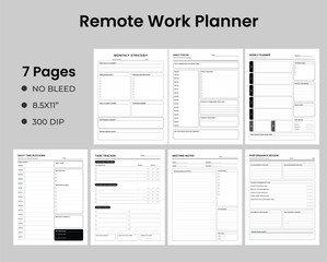 Remote Work Planner 7 Pages Bundle. Daily Focus Time Blocking Task Tracker Meeting Notes Performance Review Strategy.