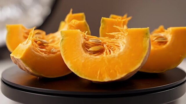 Freshly Sliced Orange Pumpkin Pieces on a Rotating Plate with Visible Seeds and Fibers in Natural Lighting