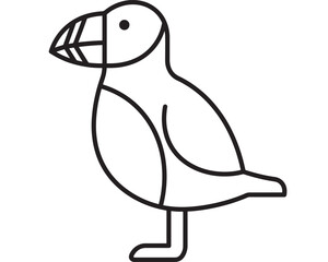 Puffin bird outline icon with bold black line art, simple cartoon seabird standing side view, minimal monochrome logo style illustration isolated on white