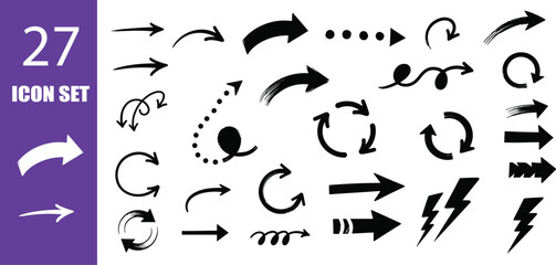 Collection of 27 diverse black arrow icons in various shapes on white and purple background