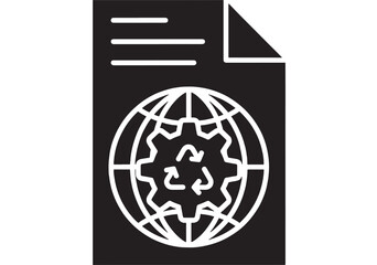 Document icon with globe and recycling arrows symbol, paper file pictogram for sustainable worldwide reports, eco data, circular economy, and green documentation