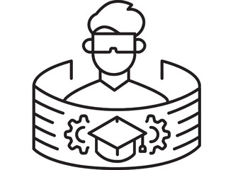 Student online learning icon with graduation cap and gears on banner, virtual education and e-learning concept, black outline line art isolated on white