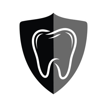 Black and grey shield with white tooth icon