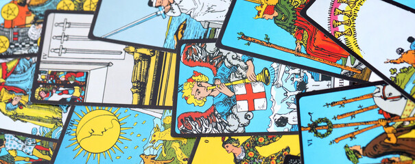 Fortune telling on tarot cards, used Marseille Tarot deck by unknown artist published first in 1709