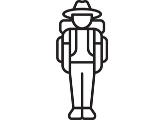 Traveler icon with backpack and wide brim hat, simple outline pictogram isolated on white, minimalist line art symbol for hiking, tourism, adventure app UI