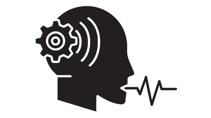 Head silhouette icon with gear brain and sound waves, speaking voice pulse line, communication technology concept, minimal black pictogram isolated on white background