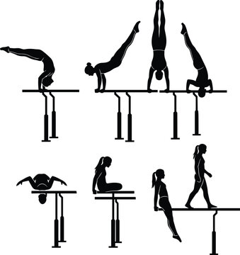 Gymnastics silhouettes, parallel bars, balance beam, athletes performing routines, handstands, headstands, poses, strength, precision, gymnastics positions, vector illustration, sports training set