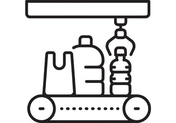 Conveyor belt packaging line icon with robotic gripper sorting plastic bottles and bag on factory production system, outline vector automation symbol isolated on white