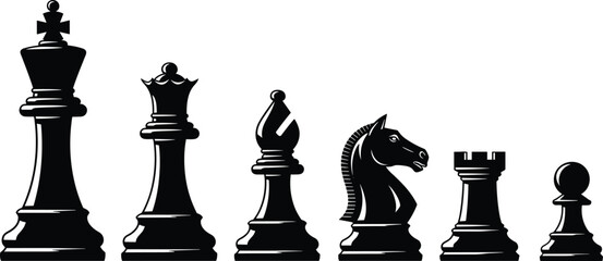 Black chess pieces set, king queen bishop knight rook pawn, strategic board game concept, silhouette illustration, competition, tactics, planning, intelligence, challenge © Azizul360
