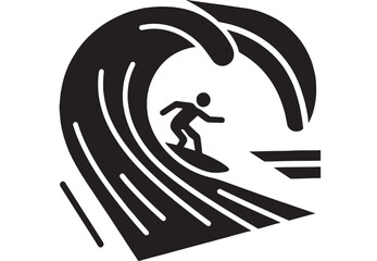 Surfer wave icon with silhouette riding barrel curl, minimal black and white pictogram for surfing sport, ocean swell, surf school logo, beach activity symbol