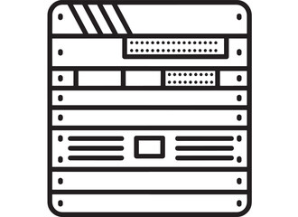 Server rack icon with stacked network equipment panels, front view line art symbol for data center hosting, cloud infrastructure, database storage and IT hardware