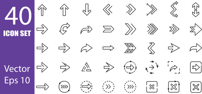 Collection of 40 diverse vector arrow icons in black on white background eps10