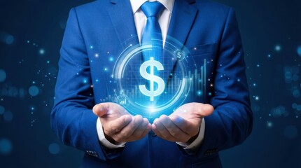 Businessman holding glowing dollar sign icon in palms representing wealth and investment