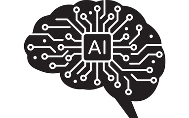 Brain artificial intelligence icon with AI microchip and circuit network lines, minimal black silhouette symbol for machine learning, neural network and technology concept