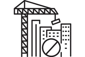 Crane construction icon with building silhouette and prohibition sign, line art symbol for restricted development, renovation stop, urban project ban on white background