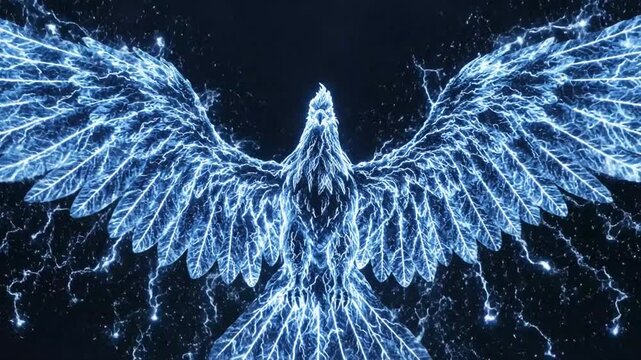 Majestic phoenix bird made of crackling blue electric energy and lightning against a dark background.