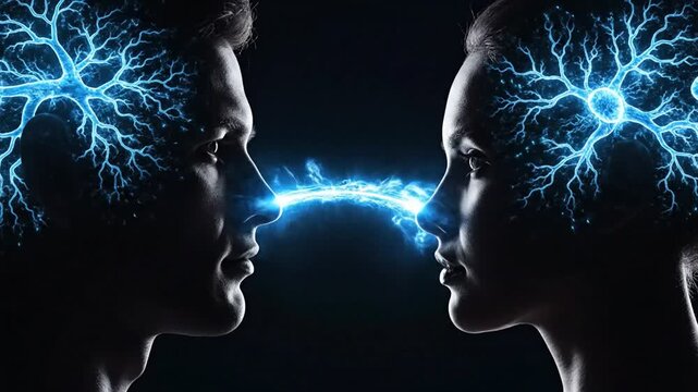Man and Woman Silhouettes with Blue Neural Network Connection Between Foreheads people facing.