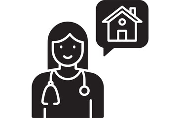 Doctor icon with stethoscope and home speech bubble, medical house call concept for telehealth, primary care, family physician, healthcare service pictogram on white