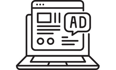 Laptop advertising icon with ad speech bubble on screen, minimal outline line art for digital marketing, online promotion, banner placement, PPC and media buying UI