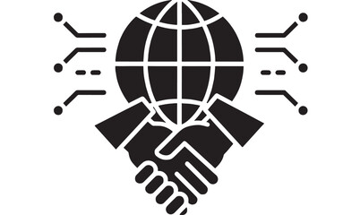 Handshake global partnership with digital connection symbolizing worldwide business agreement featuring cooperation, technology, networking with collaboration and symbol elements for icon, black and