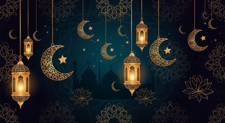 Golden lanterns and crescent moons hang against a dark blue background with intricate patterns for ramadan or islamic celebrations