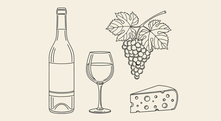 Naklejka premium Wine bottle and glass with grapes and cheese on a simple background