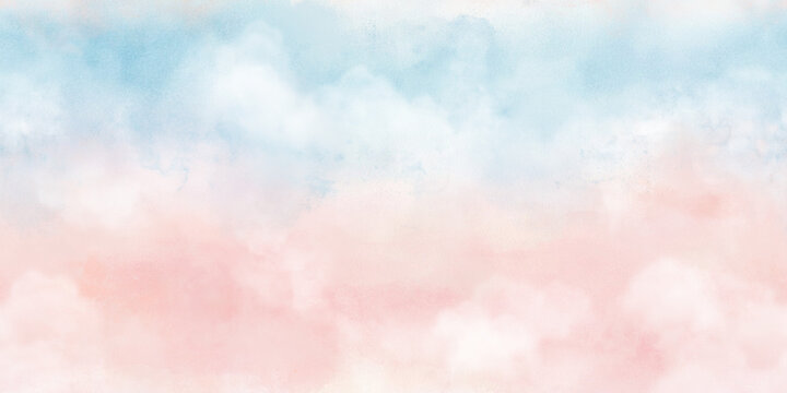 Pink clouds on blue sky, seamless pattern. Watercolor digital illustration. Delicate spring background of dawn or sunset, white and peach fluffy clouds. Abstract summer background, nature stylization