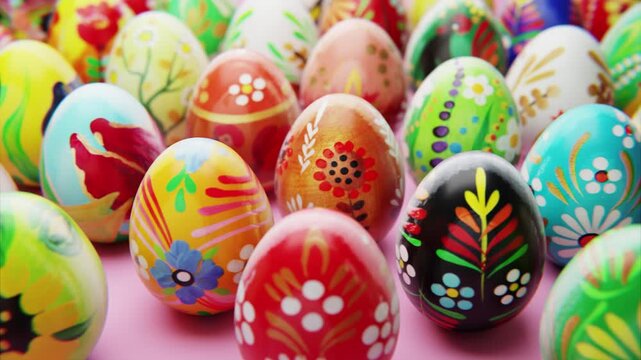 Multicolored wooden Easter eggs with folk floral and animal patterns moving on a pink background.