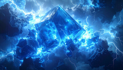 青いクリスタルと雷の迫力ある風景