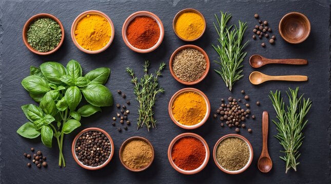 An array of vibrant colorful spices and herbs in small bowls, spoons on a dark background