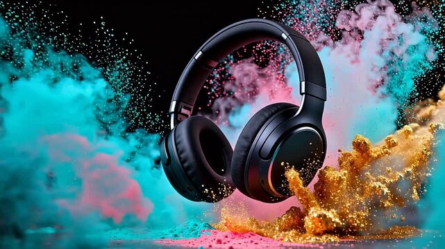 Black headphones with colorful powder explosion