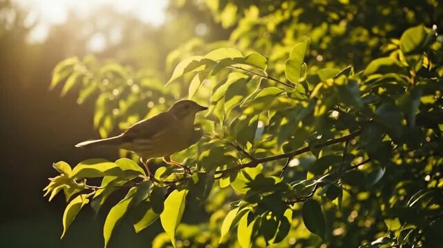 Bird Flying and Landing on Tree Branch in Morning Sunlight