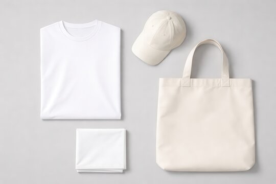 White t-shirt mock-up, folded shirt, cap, tote bag, and handkerchief for branding