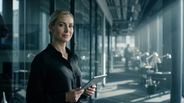 Portrait of a confident blonde businesswoman holding a digital tablet in a modern glass office hallway, successful female corporate leader smiling in a professional workspace.
