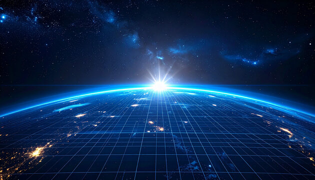 朝日が昇る地球と光のグリッド