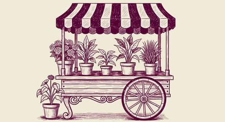 A vintage cart with potted plants under a striped canopy, viewed from the side in a serene environment © John