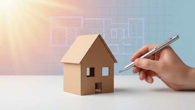 A cardboard house on a desk with hand holding pen and blueprint glow, creative home design planning concept scene, hand drawing of modern house background