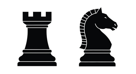 Black chess pieces a rook and a knight are displayed side by side © APIM02SN