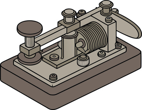Vintage telegraph machine with brass components and wooden base metal